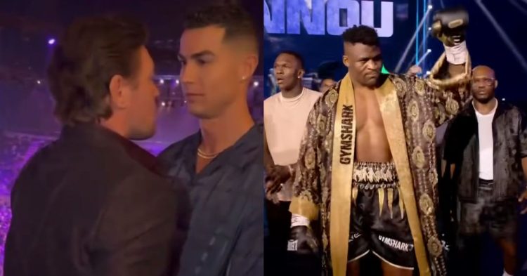 Cristiano Ronaldo and Conor McGregor face-off(left), Francis Ngannou making his ring-walk with Israel Adesanya and Kamaru Usman(right) (