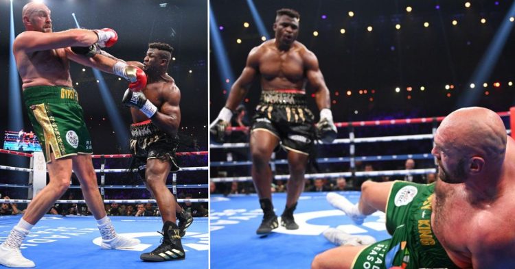 Francis Ngannou knocks down Tyson Fury. (Credits: DraftsKing Network & EuroSport)