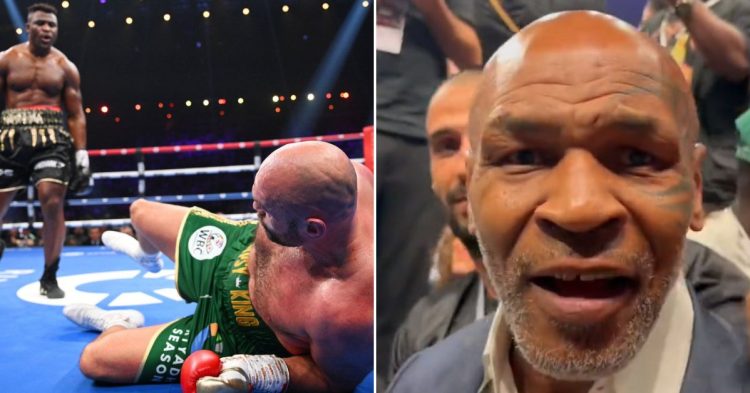 Francis Ngannou scores a knockdown on Tyson Fury(left), Mike Tyson reacting to the decision(right)