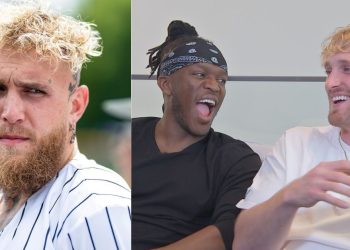 Jake Paul (left) and KSI with Logan Paul (right)