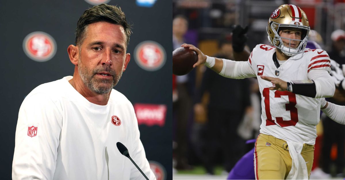 Kyle Shanahan (left) has offered an update about Brock Purdy