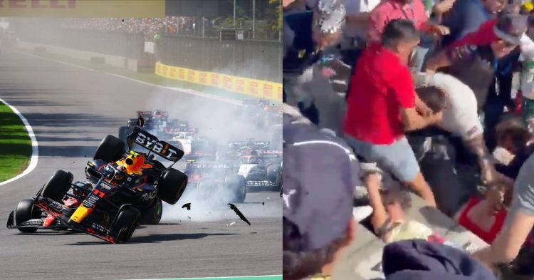 Sergio Perez's crash in Lap 1 causes a huge fiasca in the stands during the Mexican Grand Prix