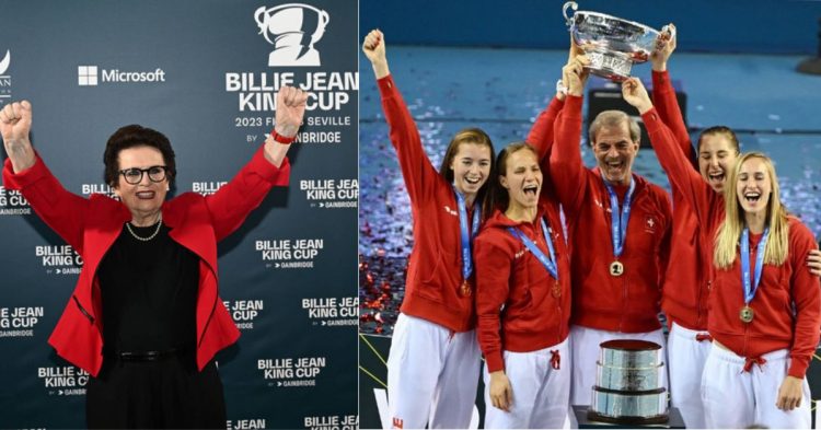 Billie Jean King and last year champions of the BJK Cup - Switzerland