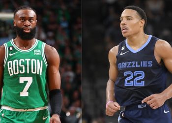 Boston Celtics' Jaylen Brown and Memphis Grizzlies' Desmond Bane