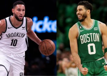 Boston Celtics' Jayson Tatum and Brooklyn Nets' Ben Simmons