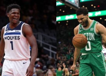 Boston Celtics' Jayson Tatum and Minnesota Timberwolves' Anthony Edwards