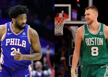 Boston Celtics' Kristaps Porzingis and Philadelphia 76ers' Joel Embiid