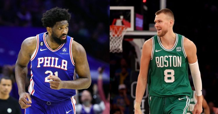 Boston Celtics' Kristaps Porzingis and Philadelphia 76ers' Joel Embiid