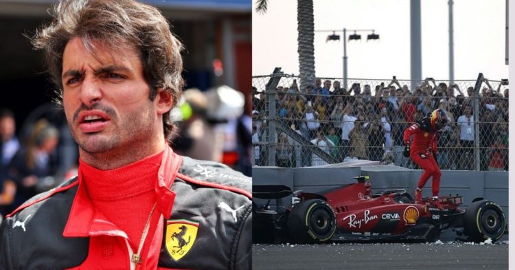 Carlos Sainz (left), Sainz's crash at Abu Dhabi (right) (Credits- RacingNews365, Motorsport.com)