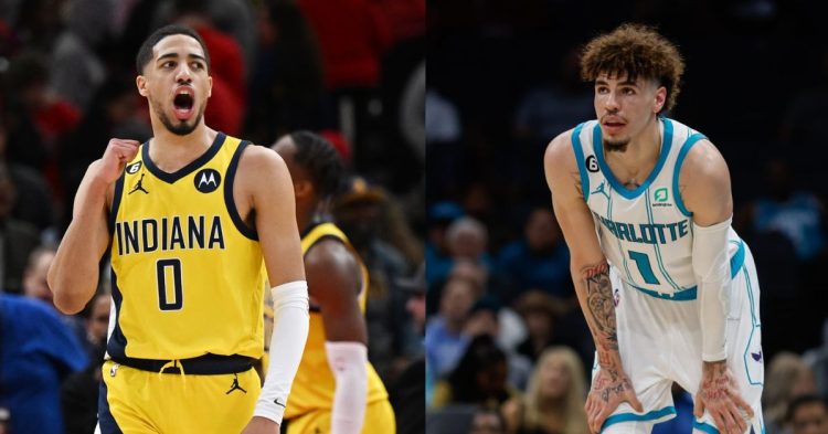 Charlotte Hornets' LaMelo Ball and Indiana Pacers' Tyrese Haliburton