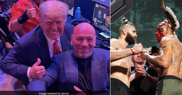Donald Trump with Dana White (left) and Jiri Prochazka vs Alex Pereira at UFC 295 (right)