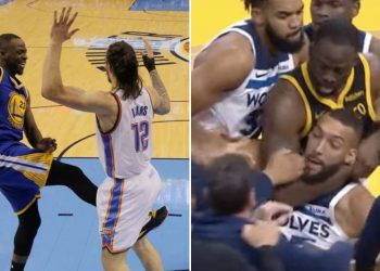 Draymond Green kicks the Oklahoma City Thunder's Steven Adams in the second quarter of Game 3 in 2016 and recently Draymond Green had Rudy Gobert on a headlock (Credits: Getty Images and X)