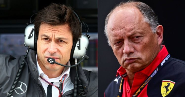 FIA issues formal warning against Toto Wolff (left), and Fred Vasseur (right) (Credits- PlanetF1, Formu1a.uno)