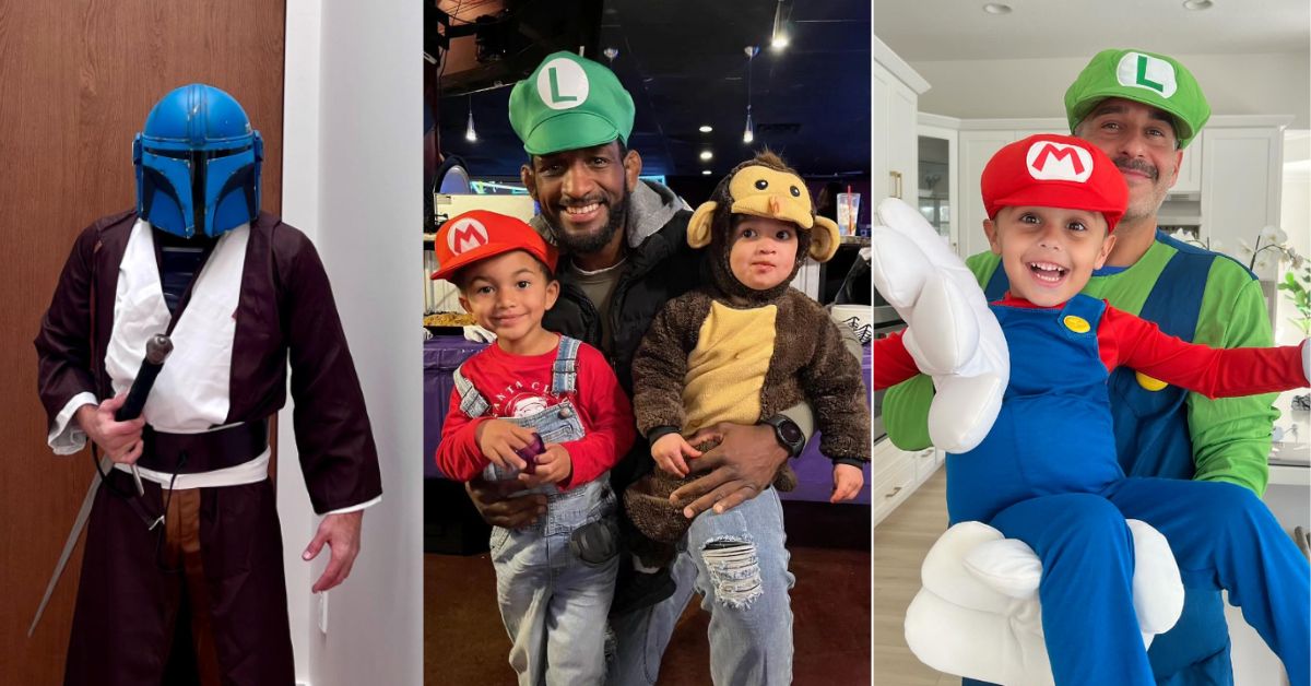 GSP dressed as Jedi (left) Neil Magny and his kids in the Mario costume (center) Jon Anik with his son (right) 