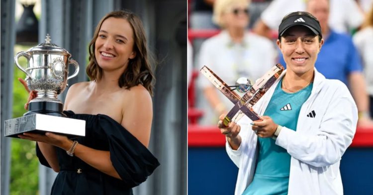 Iga Swaitek and Jessica Pegula with their biggest trophies in 2023 season