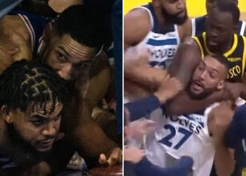 During a 2019 game, Ben Simmons wrapped Karl-Anthony Towns in a UFC-like chokehold and recently Draymond Green had Rudy Gobert in a headlock (Credits: X)