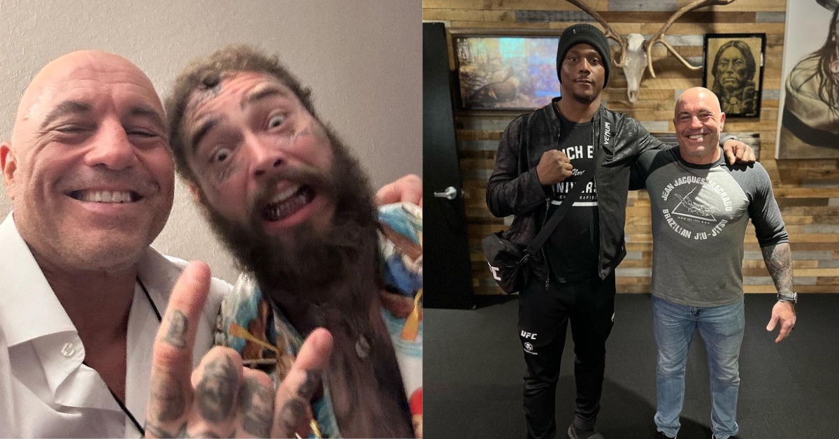Joe Rogan with Post Malone (left) and Jamahal Hill (right)