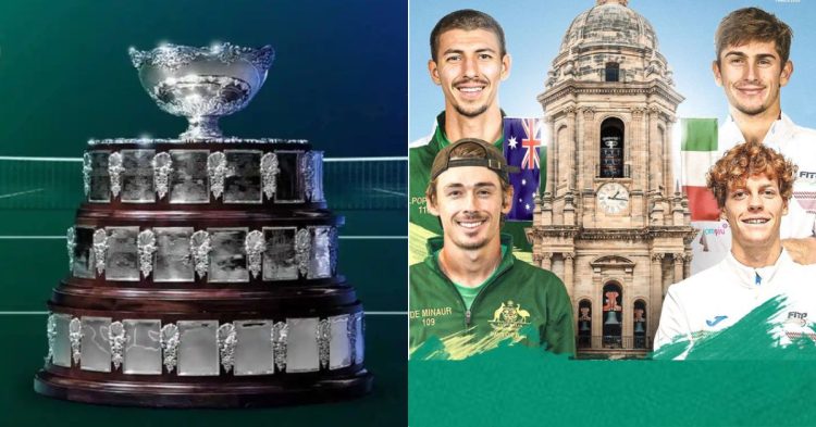 L- Davis Cup trophy; R- Australian and Italian team players who will fight for 2023 trophy