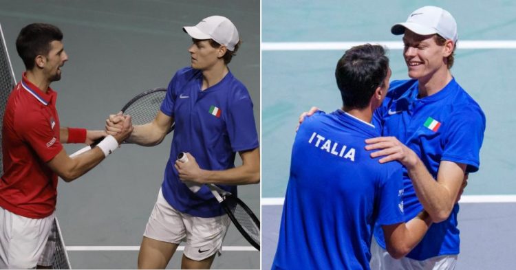 L- Jannik Sinner after defeating Novak Djokovic in singles; R- Jannik Sinner with his doubles partner, Lorenzo Sonego at Davis Cup