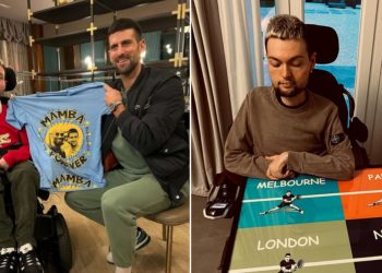 L Lorenzo Petrini with Novak Djokovic; R Lorenzo Petrini with his artwork that he presented to Novak