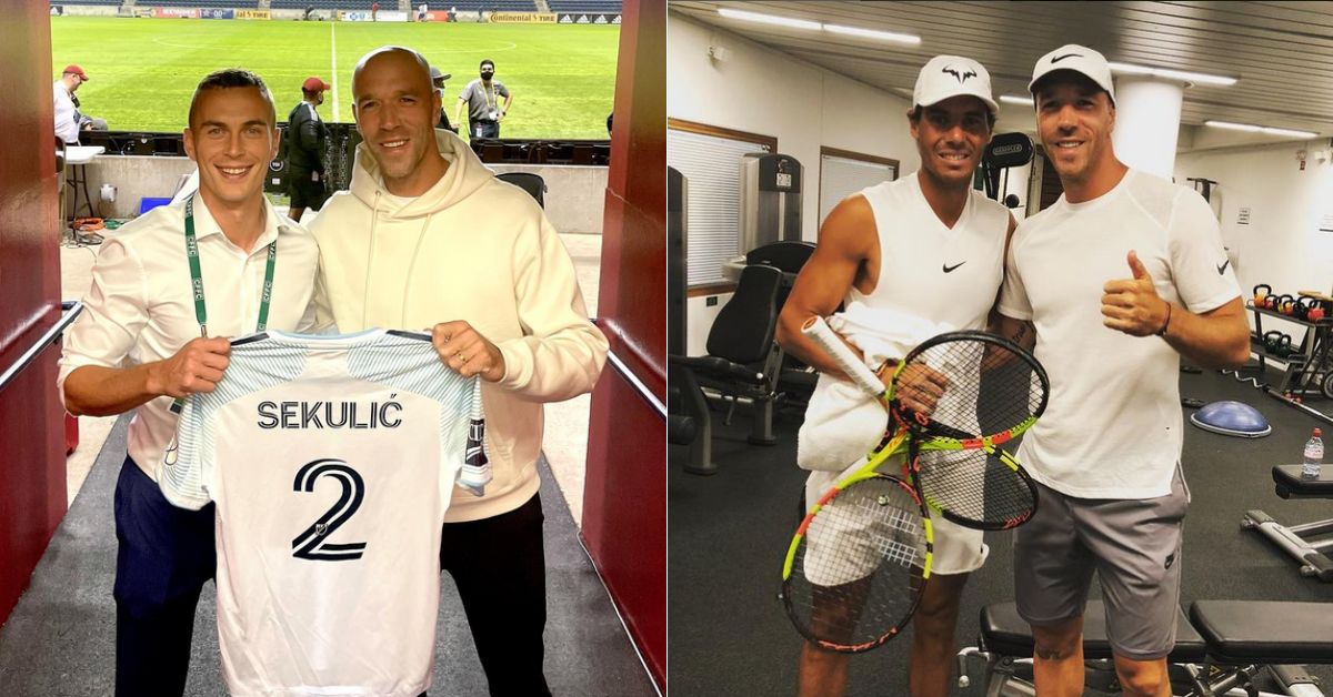 L Martin Hromkovic showing a football jersey of his club; R With Rafael Nadal is a gym