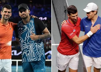 L- Nick Kyrgios with Novak Djokovic; R- Djokovic congratulating Sinner after their Davis Cup match