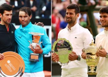 L Novak Djokovic with Rafael Nadal; R Novak Djokovic with Carlos Alcaraz