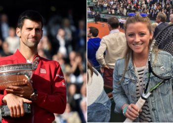 L- Novak Djokovic with his 2016 French Open trophy; R-Abby Doherty with Novak's winning racket