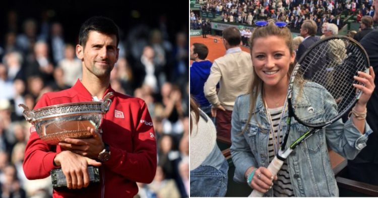 L- Novak Djokovic with his 2016 French Open trophy; R-Abby Doherty with Novak's winning racket