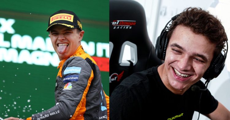 Lando Norris (left), Norris during one of his gaming live streams (right) (Credits- talkSPORT, Bsimracing)