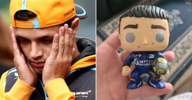 Lando Norris refuses to look at his own Funko Pop. (Credits - Reuters, Twitter)