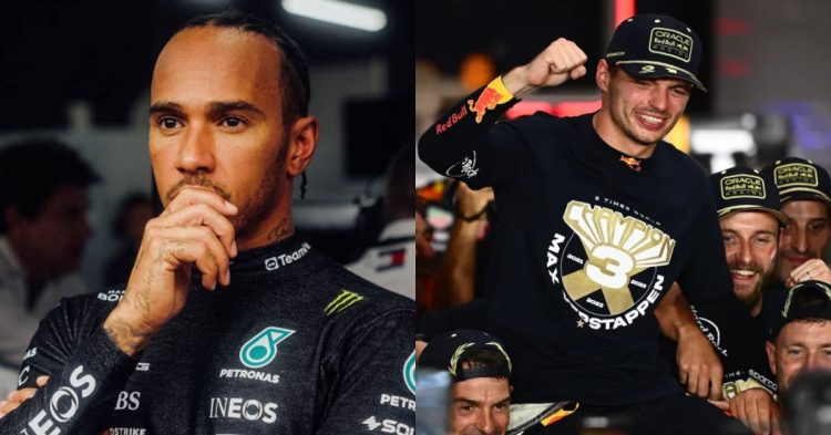Lewis Hamilton (left), Max Verstappen with Red Bull staff (right) (Credits- Pitpass, F1)