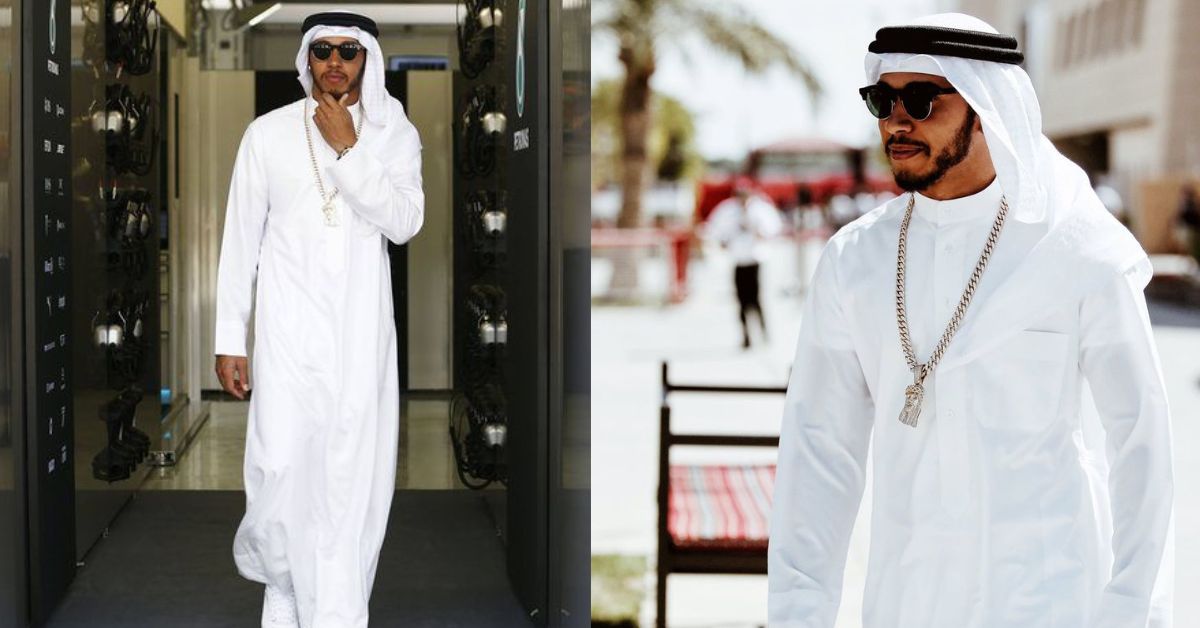 Lewis Hamilton wears the thawb and kufiyya at the 2016 Bahrain GP