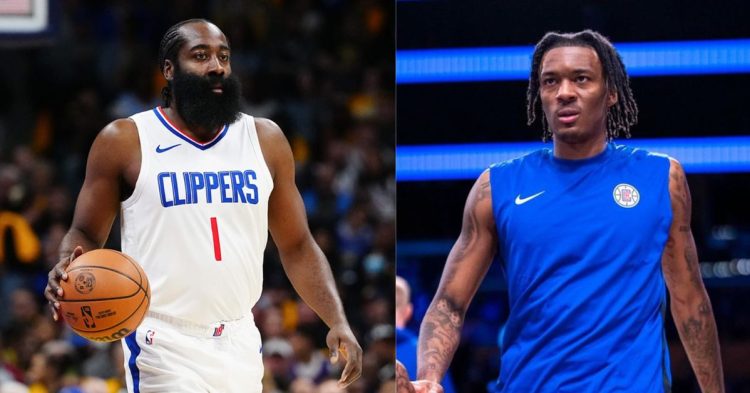 Los Angeles Clippers' James Harden and Bones Hyland