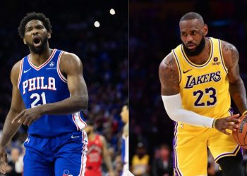 Los Angeles Lakers' LeBron James and Philadelphia 76ers' Joel Embiid