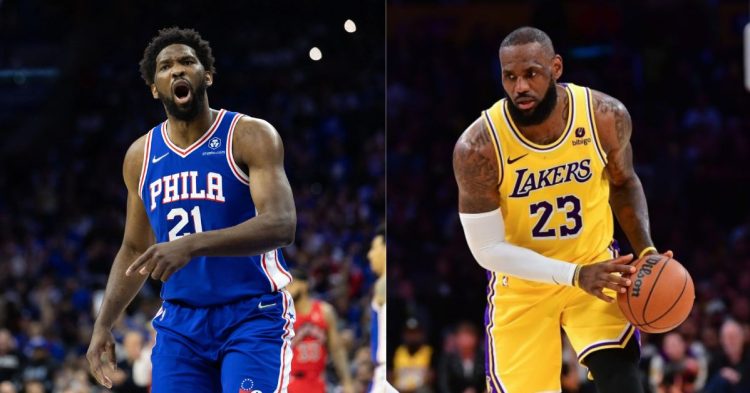 Los Angeles Lakers' LeBron James and Philadelphia 76ers' Joel Embiid