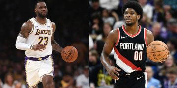 Los Angeles Lakers' LeBron James and Portland Trail Blazers' Scoot Henderson