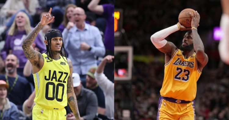 Los Angeles Lakers' LeBron James and Utah Jazz's Jordan Clarkson