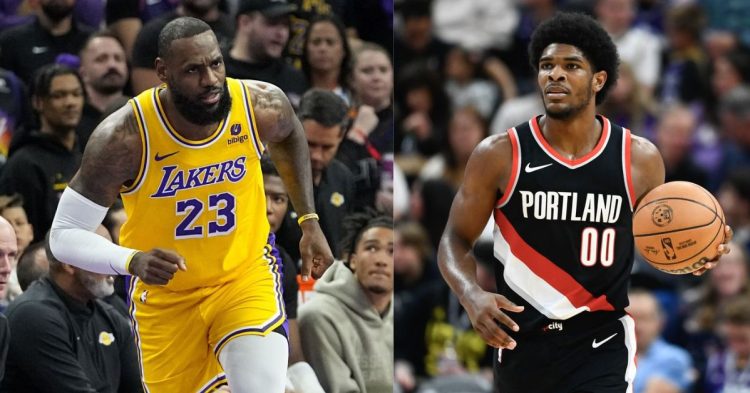 Los Angeles Lakers' LeBron James with Portland Trail Blazers' Scoot Henderson