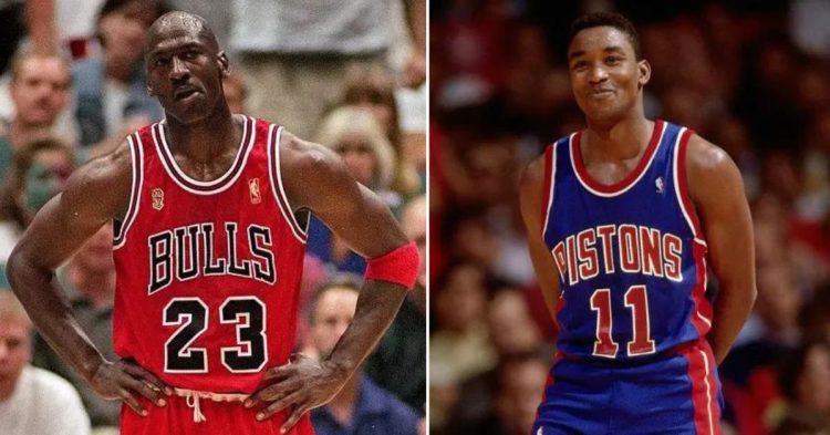 Michael Jordan and Isiah Thomas (Credit- Brian Bahr Getty Images and basketballnetwork)