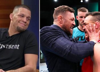 Nate Diaz (L) Conor McGregor and Michael Chandler (R)