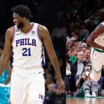 Philadelphia 76ers' Joel Embiid with former teammate James Harden and Jrue Holiday