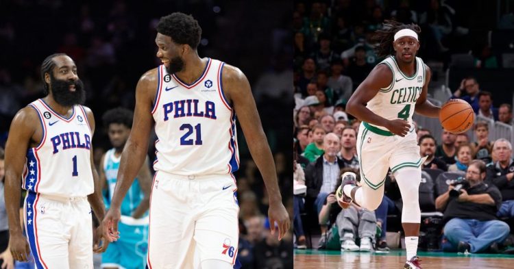 Philadelphia 76ers' Joel Embiid with former teammate James Harden and Jrue Holiday