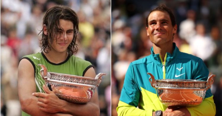Rafael Nadal with his first and most recent Grand Slam wins- French Open in 2005 and 2022