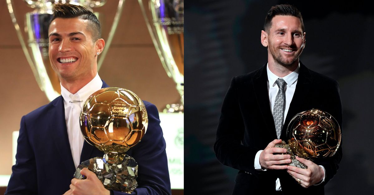 Ronaldo and Messi holding the Ballon d'Or