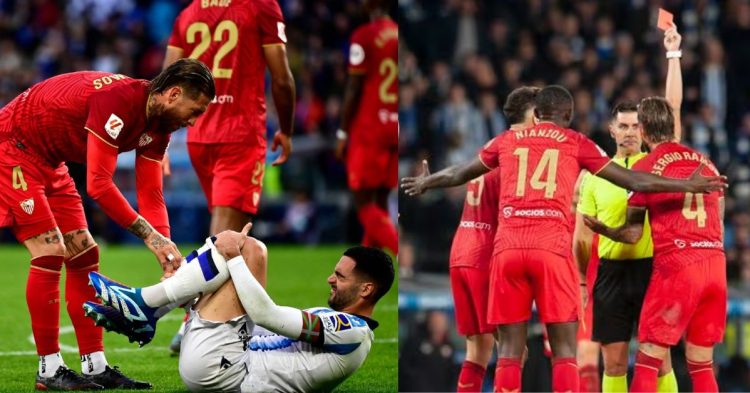 Report on Sergio Ramos as he receives two red cards in a La Liga game against Real Sociedad to extend his record of suspensions.