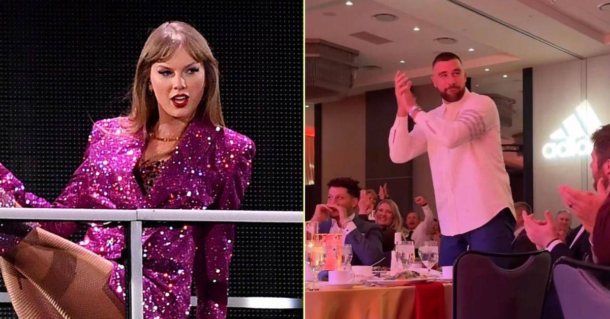 Swift during her performance, and Kelce at Mahomes' charity gala (Credit: Instagram)