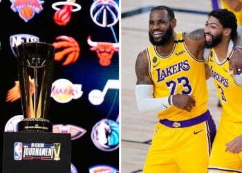The NBA cup, LeBron James and Anthony Davis of the Los Angeles Lakers (Credit- Getty Images)