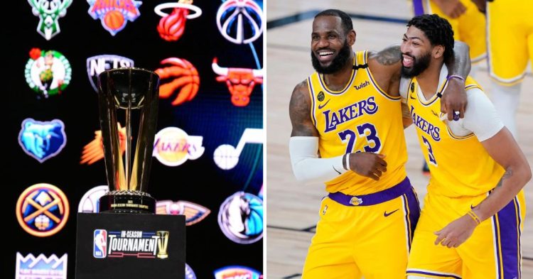 The NBA cup, LeBron James and Anthony Davis of the Los Angeles Lakers (Credit- Getty Images)