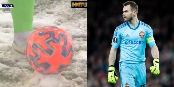 Report on Igor Akinfeev as the captain of CSKA Moscow caught cheating in the snowy weather in the Russian league.